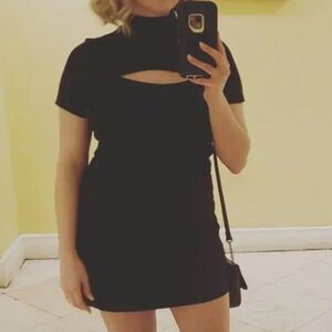 Pinc Black Short Sleeve  ribbed Cutout Women's Top